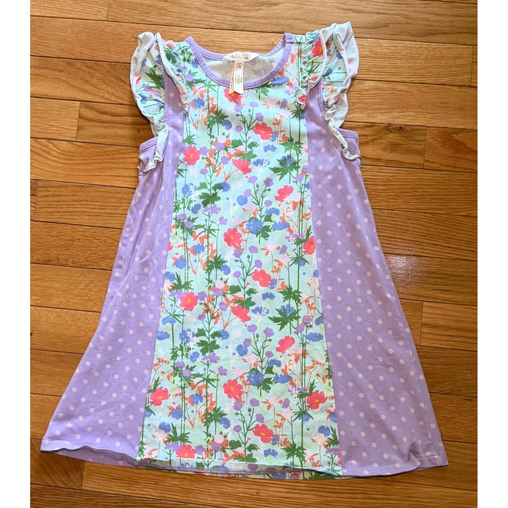 Matilda Jane Girls Floral Polka Dot Ruffle Dress Purple Blue Size 6 Cotton Blend